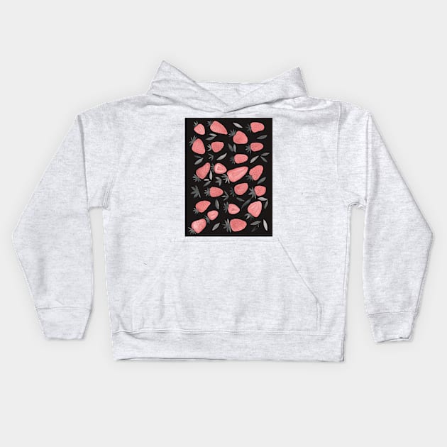 Watercolors strawberries - dusty pink and teal on dark background Kids Hoodie by wackapacka